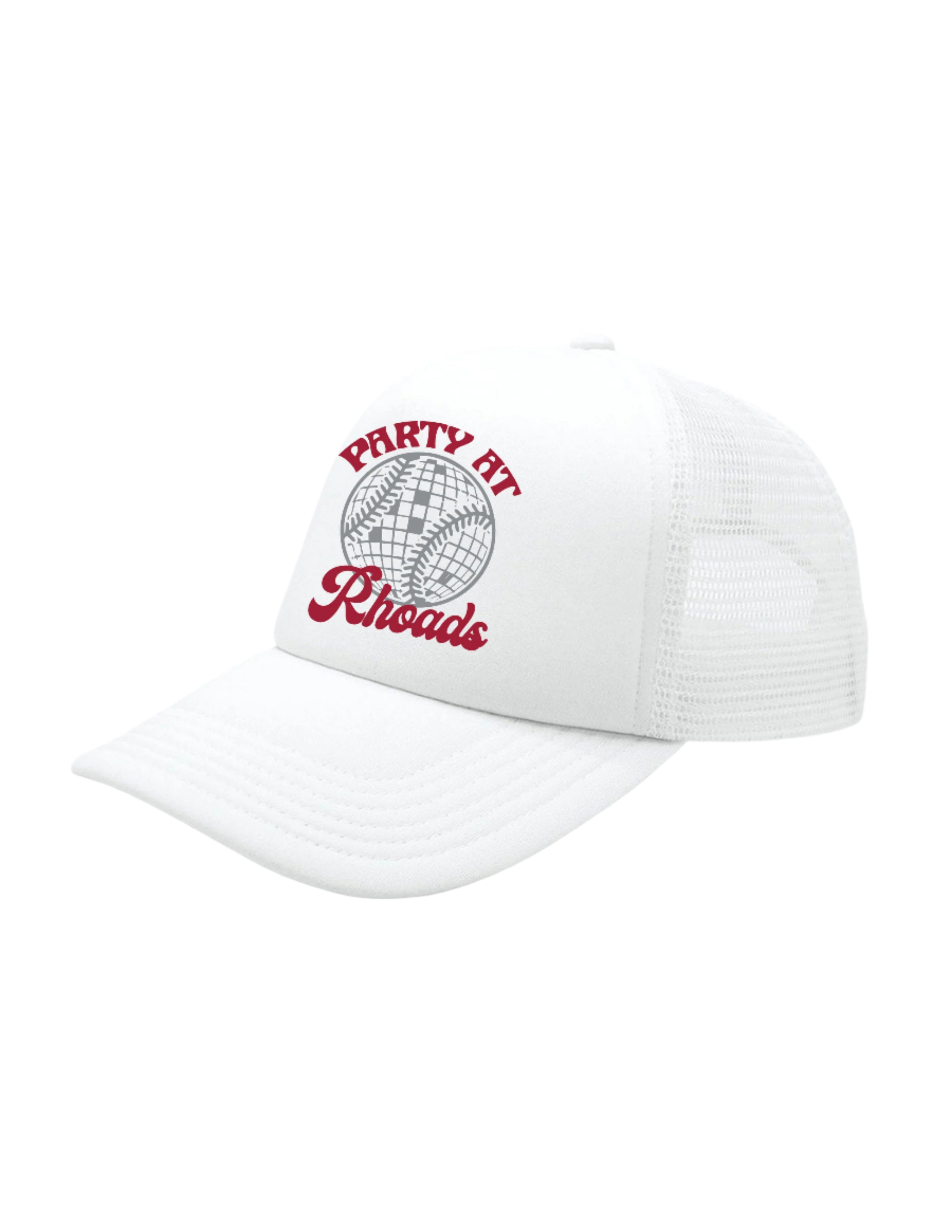 University of Alabama White Trucker Hat with 'Party At Rhoads' text and a disco softball design in silver and crimson. 