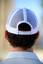 University of Alabama White Trucker Hat with Red “Party At Rhoads” text and a disco softball design in silver.
Snapback Trucker