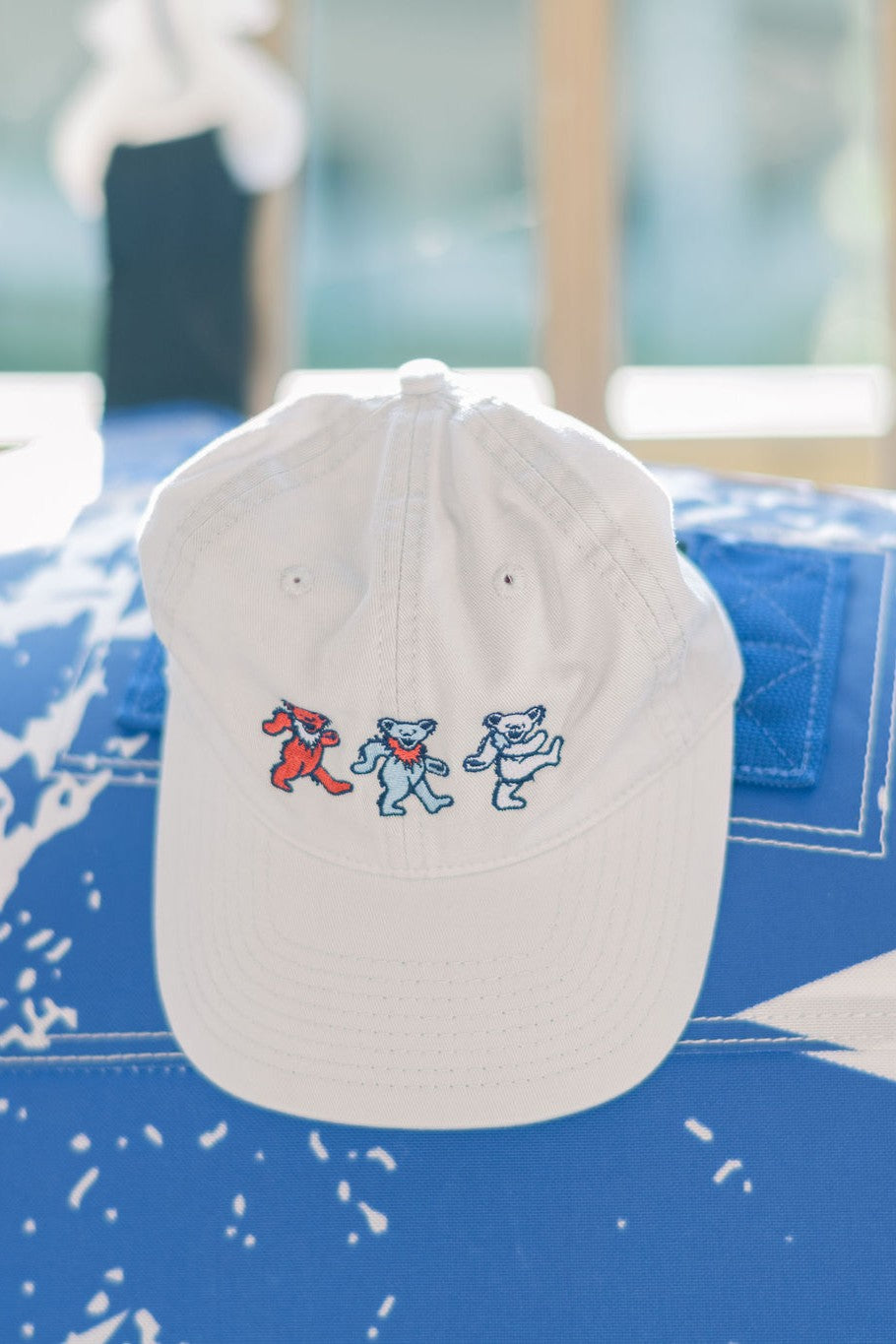 America 250 Light Grey Dad Hat with Red, White, and Blue Grateful Dead Dancing Bears embroidered across it
