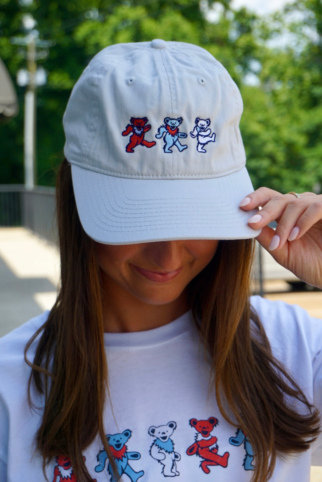 America 250 Light Grey Dad Hat with Red, White, and Blue Grateful Dead Dancing Bears embroidered across it