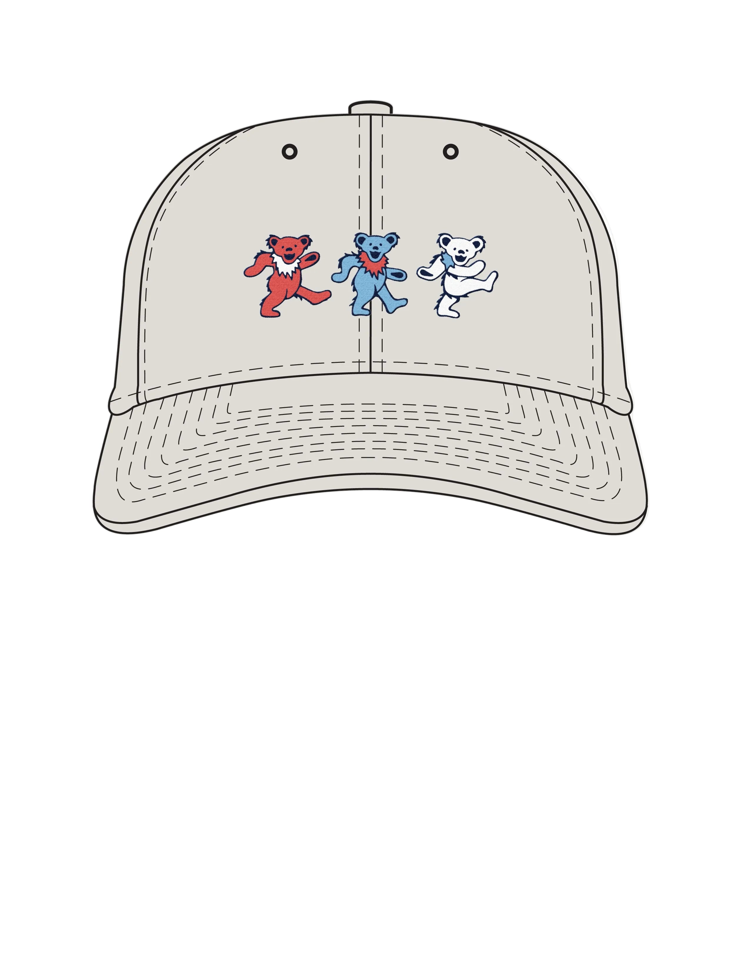 America 250 Light Grey Dad Hat with Red, White, and Blue Grateful Dead Dancing Bears embroidered across it