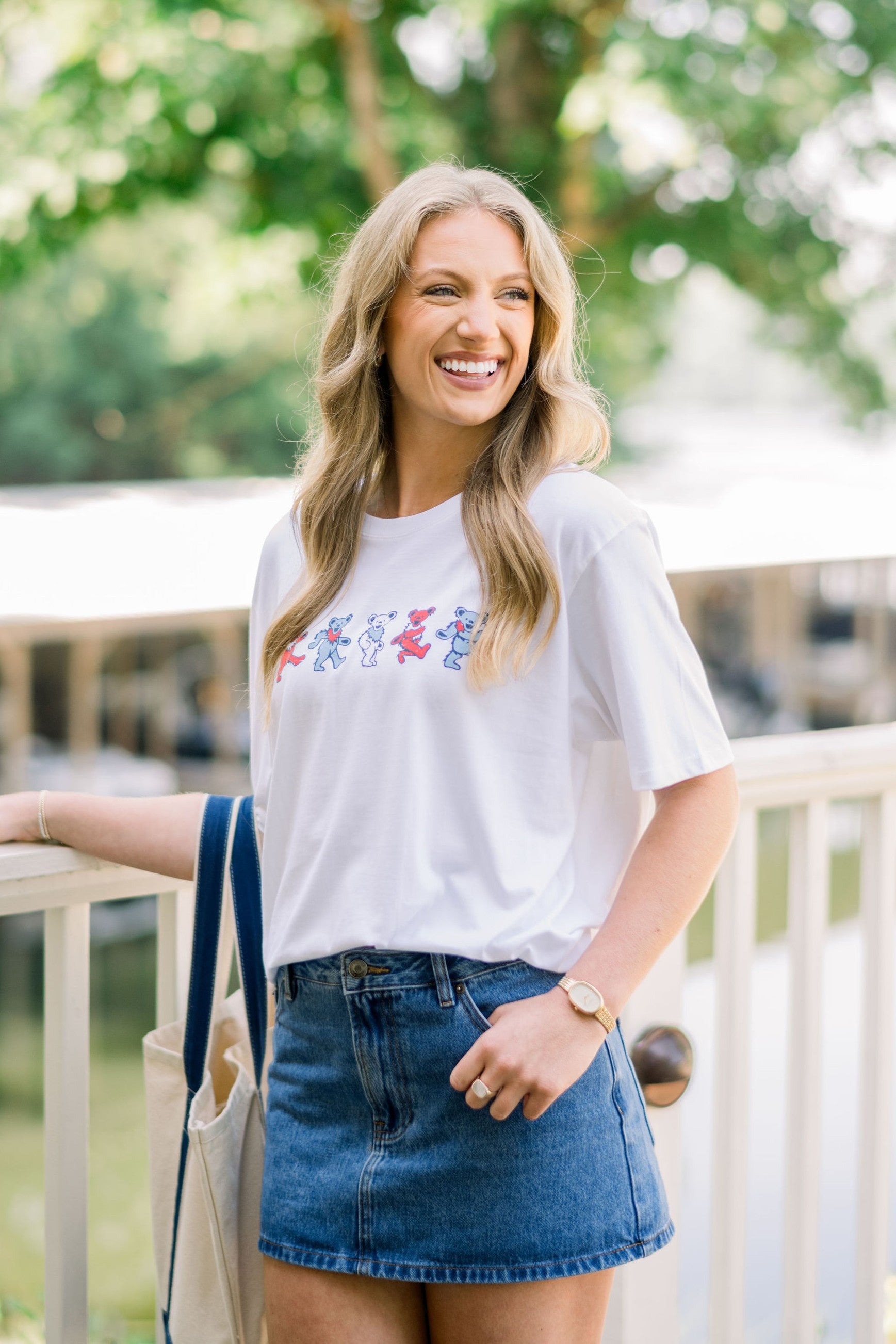 America 250 White T-Shirt with Red, White, and Blue Grateful Dead Dancing Bears lined up across the chest