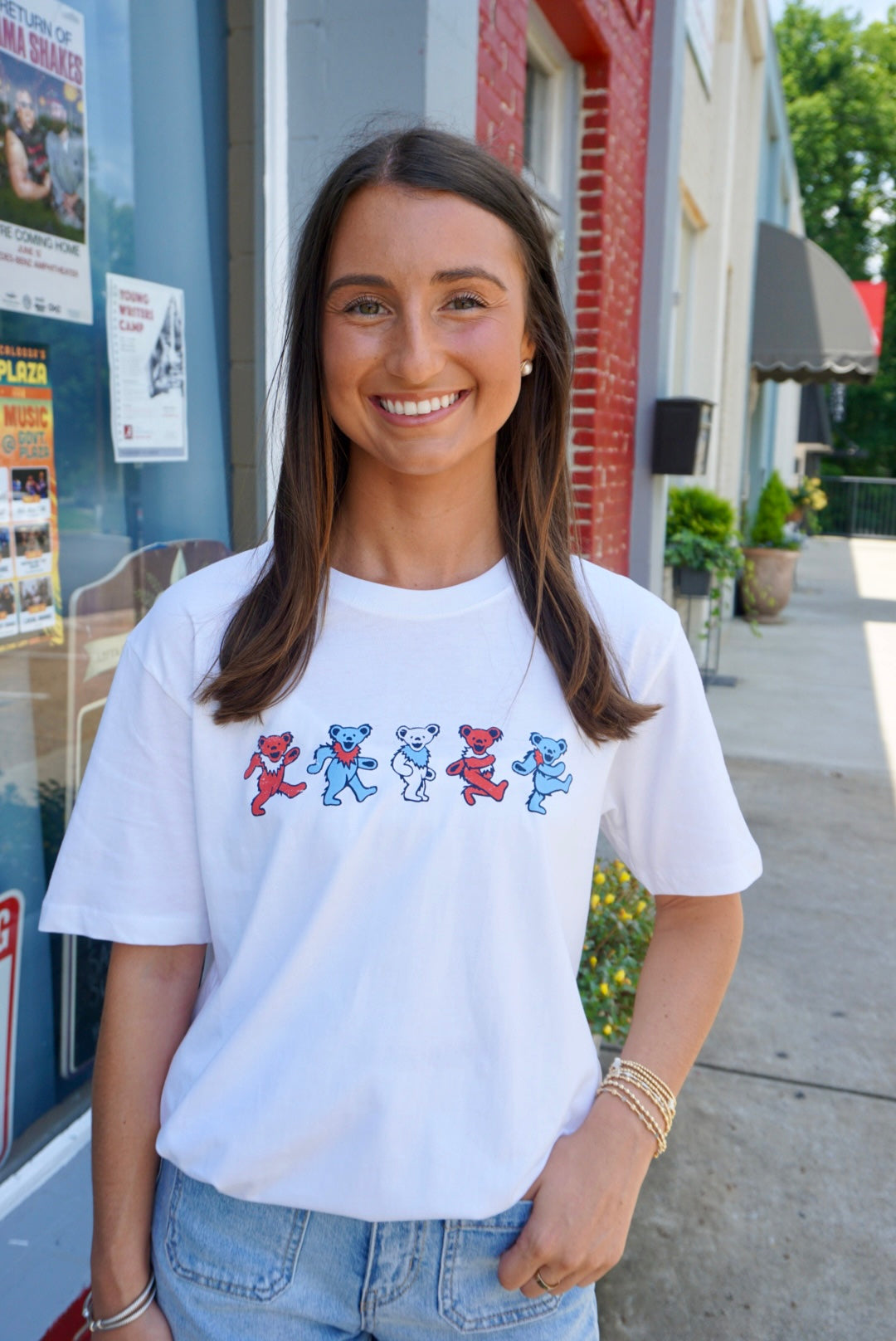 America 250 White T-Shirt with Red, White, and Blue Grateful Dead Dancing Bears lined up across the chest