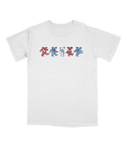 America 250 White T-Shirt with Red, White, and Blue Grateful Dead Dancing Bears lined up across the chest