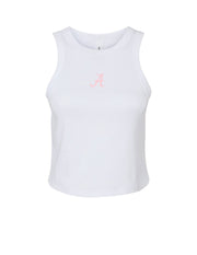 University of Alabama White Tank Top with a Pink Script A Logo embroidered in the middle of the chest