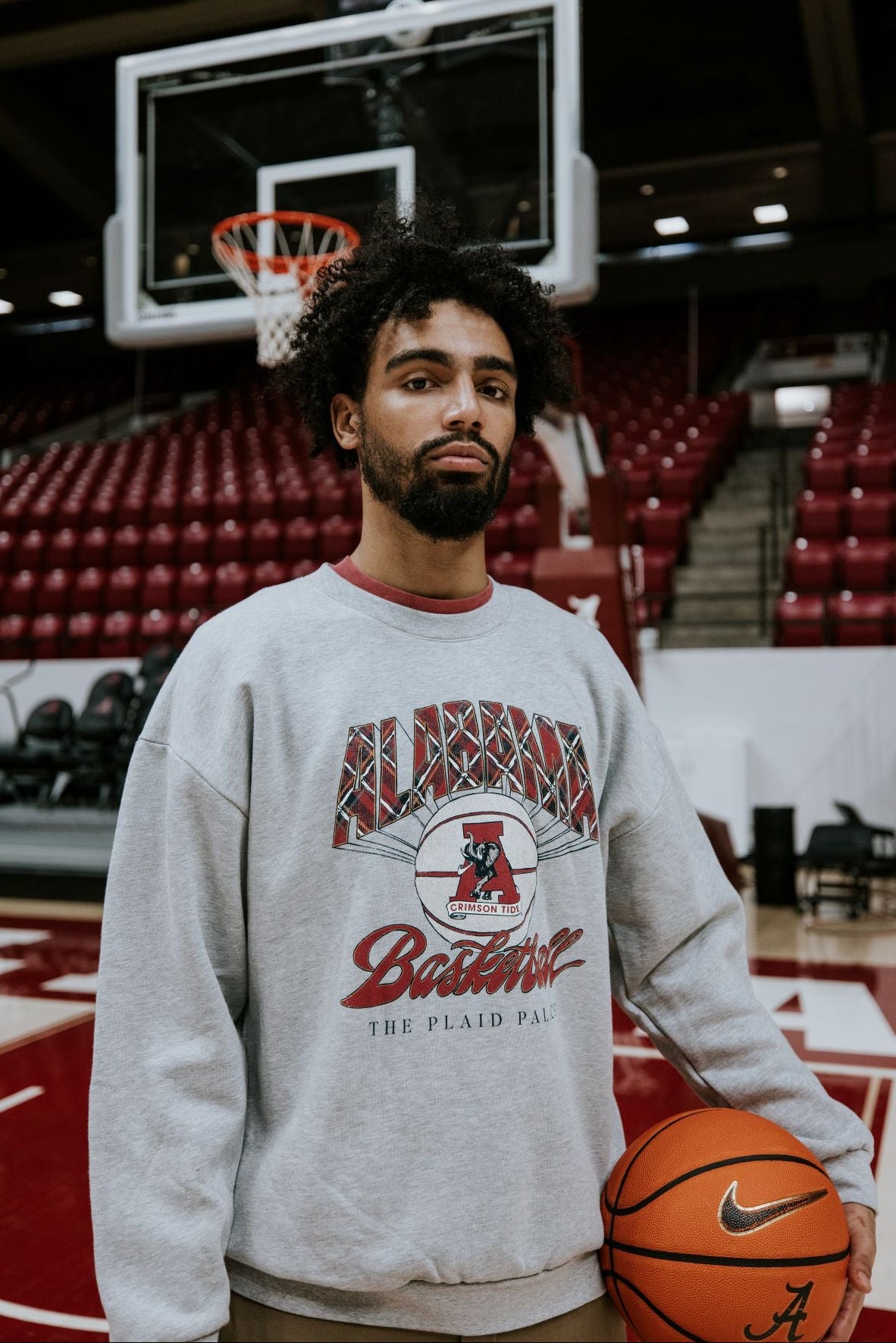 University of Alabama Heather Grey Sweatshirt with Plaid text “Alabama” above a Vintage A Logo Basketball and Red text “Basketball” underneath, with Black text “The Plaid Palace” across the bottom of the design