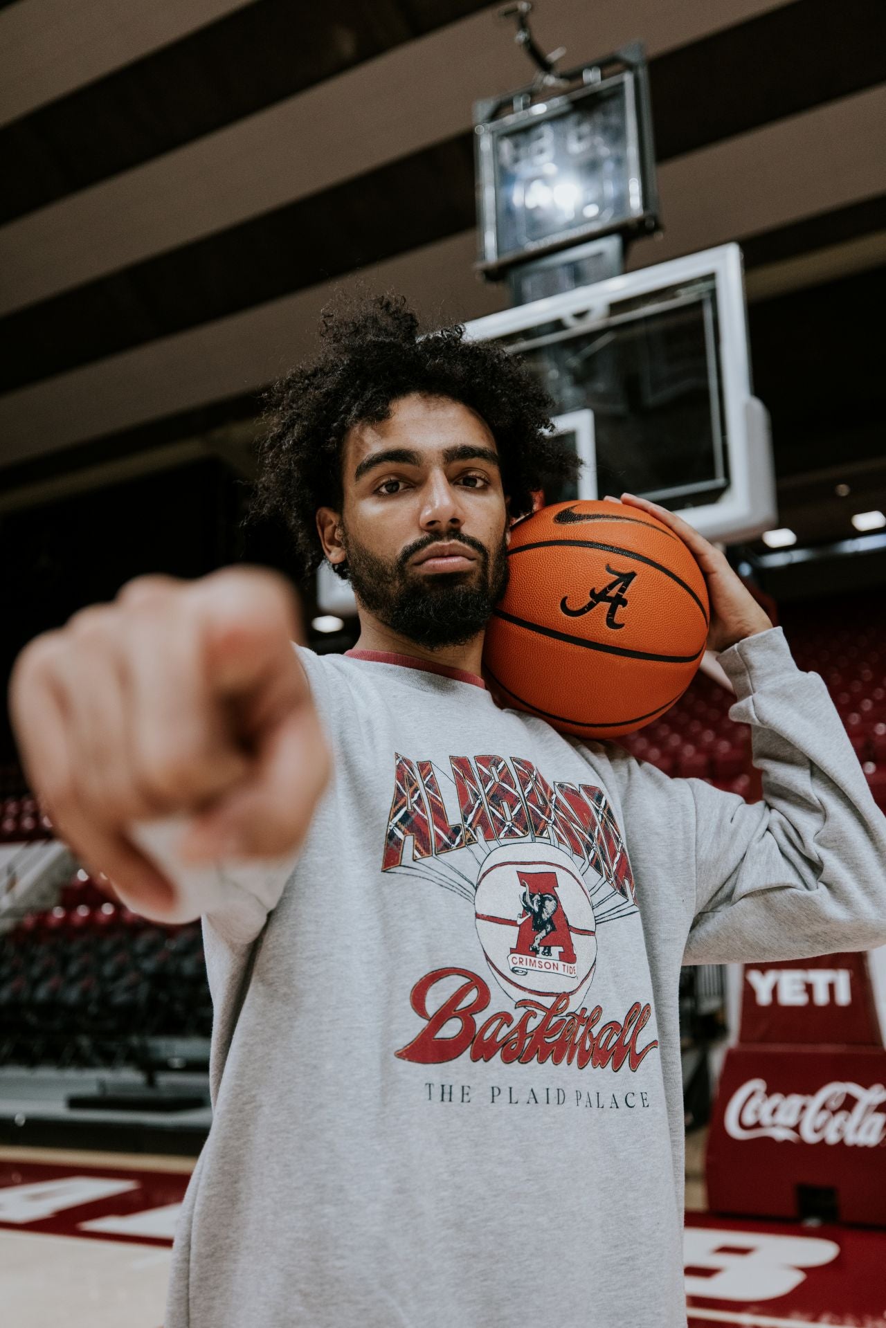 University of Alabama Heather Grey Sweatshirt with Plaid text “Alabama” above a Vintage A Logo Basketball and Red text “Basketball” underneath, with Black text “The Plaid Palace” across the bottom of the design
