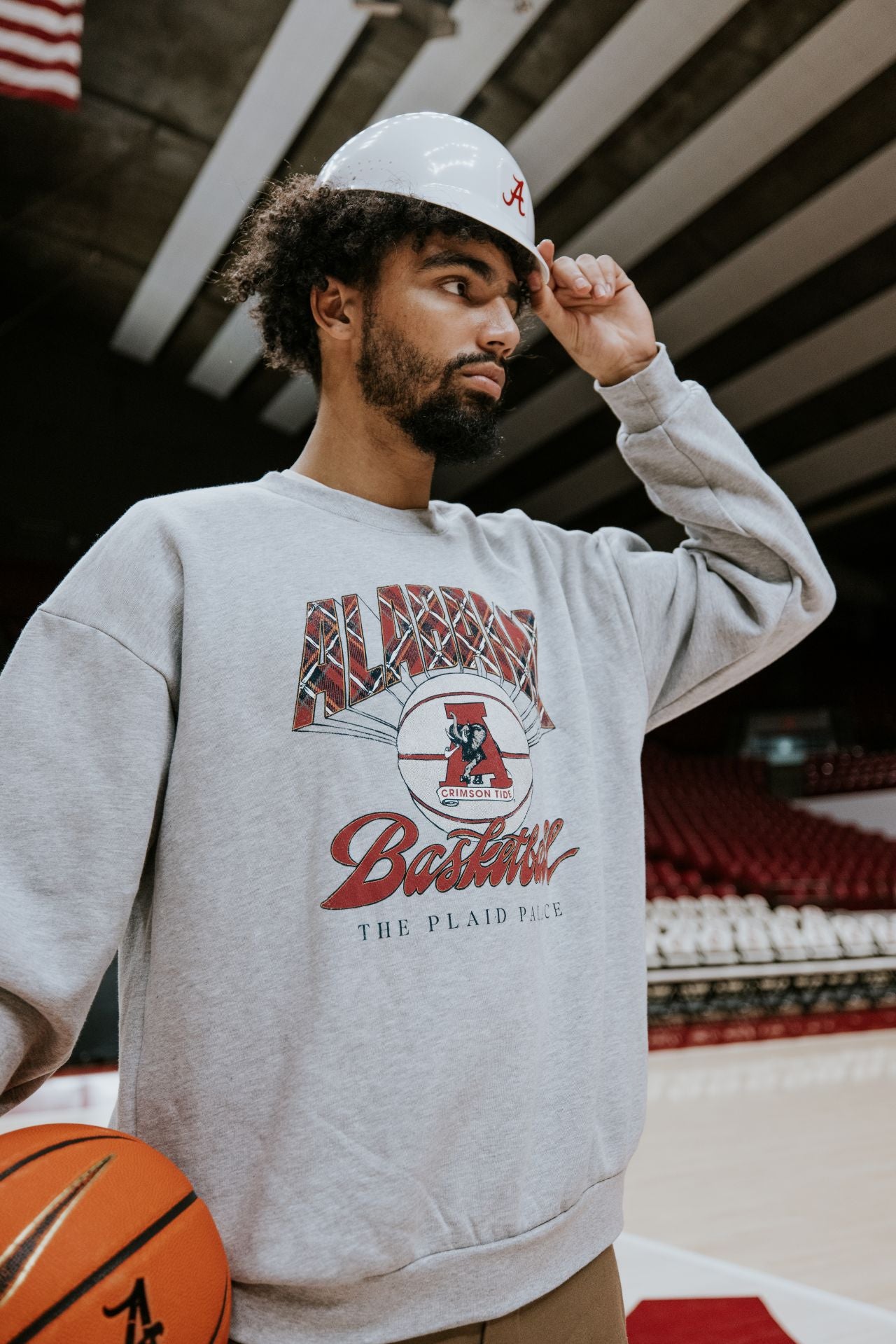 University of Alabama Heather Grey Sweatshirt with Plaid text “Alabama” above a Vintage A Logo Basketball and Red text “Basketball” underneath, with Black text “The Plaid Palace” across the bottom of the design