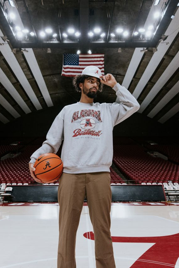 University of Alabama Heather Grey Sweatshirt with Plaid text “Alabama” above a Vintage A Logo Basketball and Red text “Basketball” underneath, with Black text “The Plaid Palace” across the bottom of the design