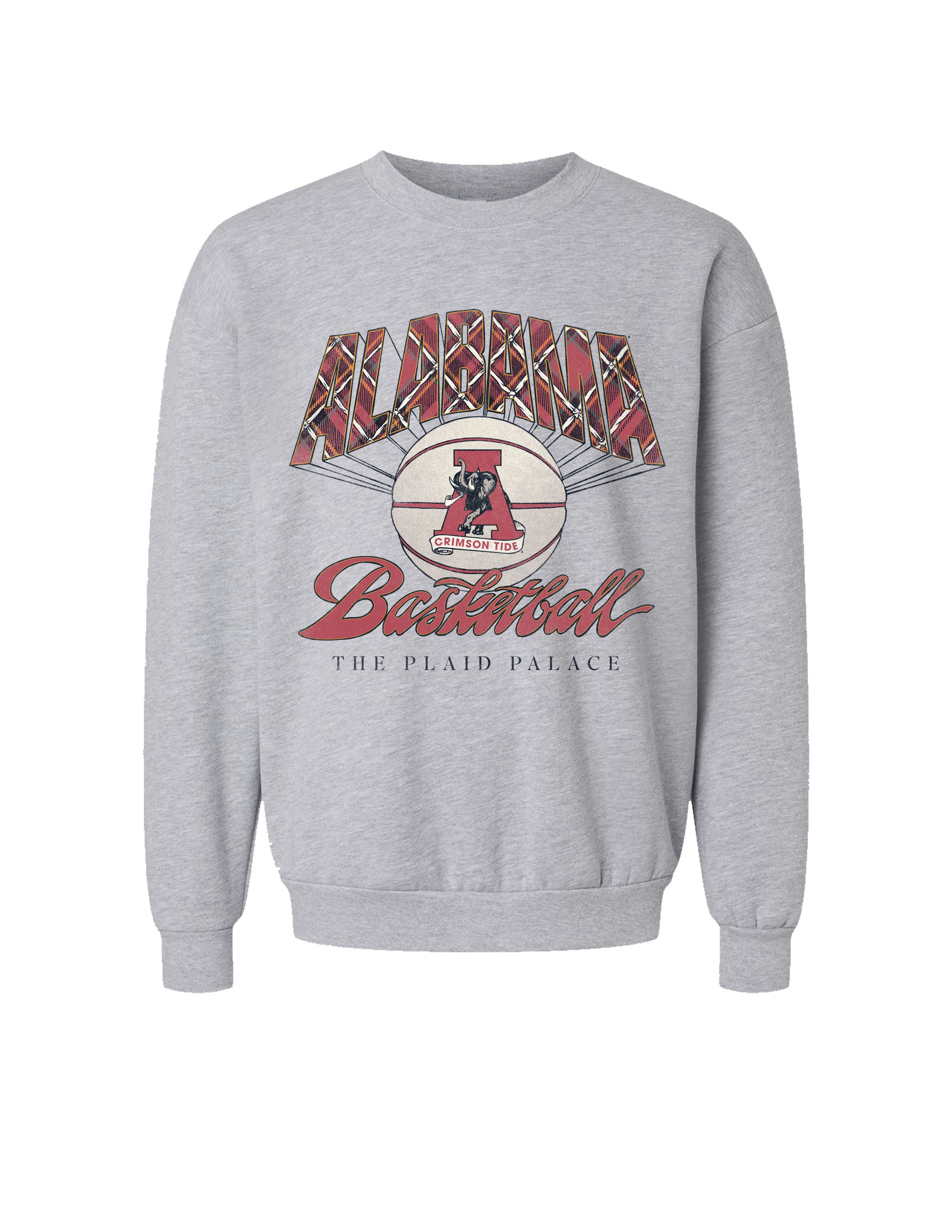 University of Alabama Heather Grey Sweatshirt with Plaid text “Alabama” above a Vintage A Logo Basketball and Red text “Basketball” underneath, with Black text “The Plaid Palace” across the bottom of the design