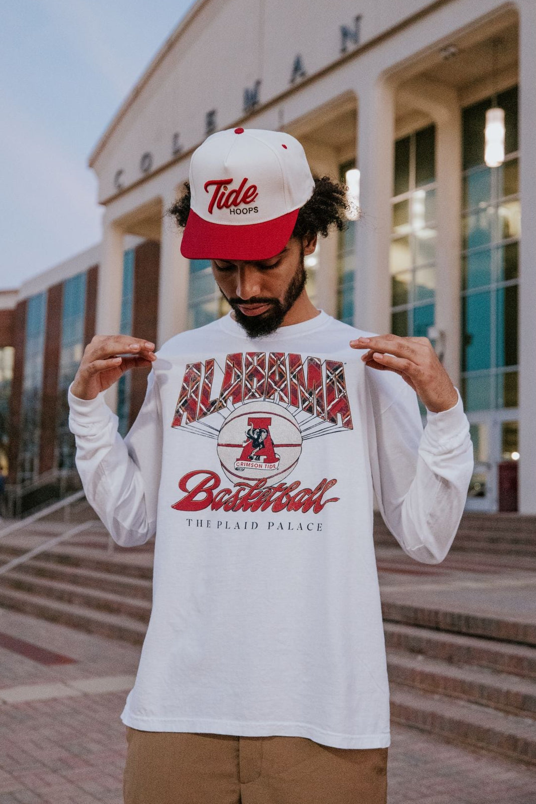 University of Alabama White T-Shirt with Plaid text “Alabama” above a Vintage A Logo Basketball and Red text “Basketball” underneath, with Black text “The Plaid Palace” across the bottom of the design