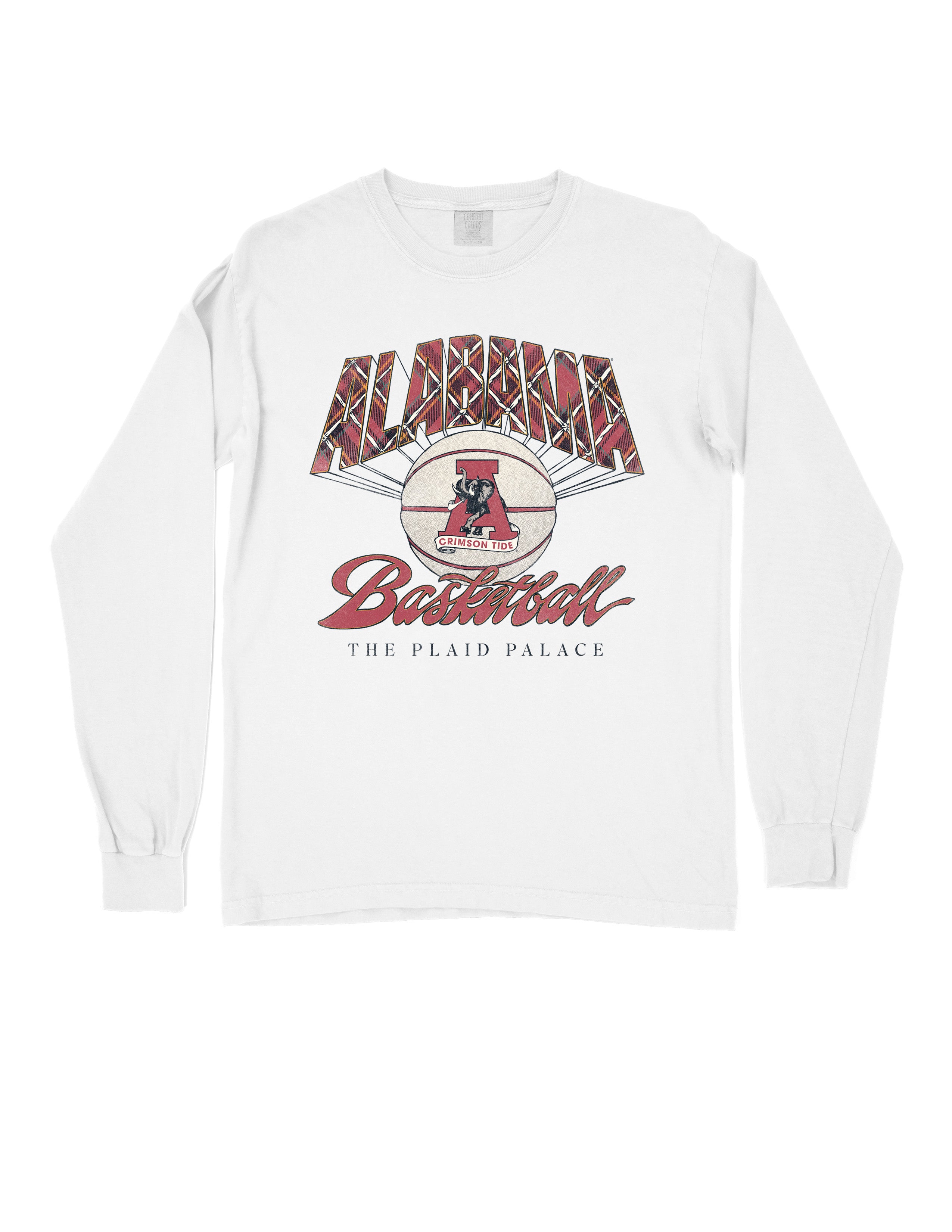 University of Alabama White T-Shirt with Plaid text “Alabama” above a Vintage A Logo Basketball and Red text “Basketball” underneath, with Black text “The Plaid Palace” across the bottom of the design