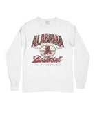 University of Alabama White T-Shirt with Plaid text “Alabama” above a Vintage A Logo Basketball and Red text “Basketball” underneath, with Black text “The Plaid Palace” across the bottom of the design