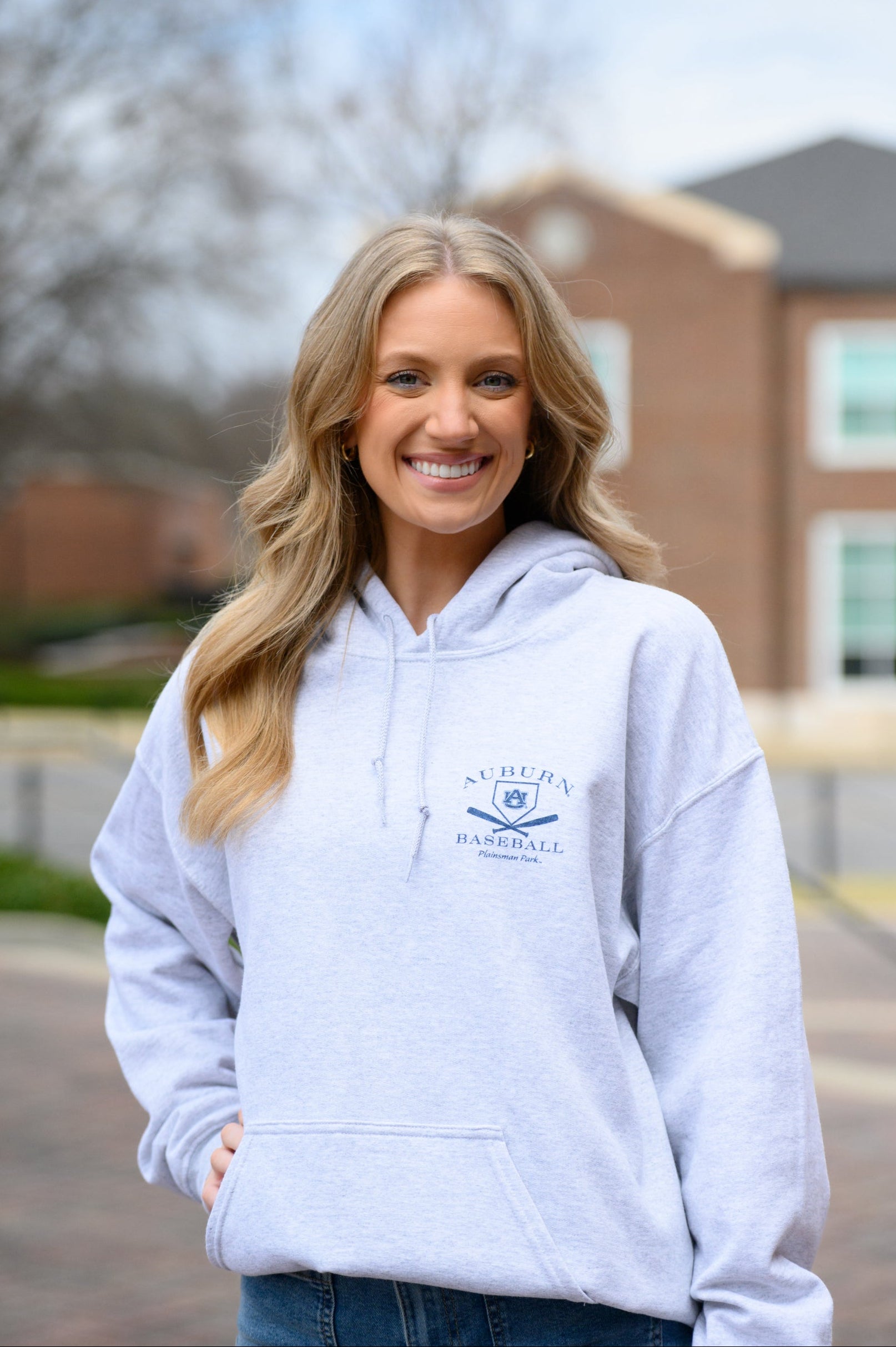 Auburn University Light Grey Distressed Hoodie Chest Design with a Navy print of home plate over two crossed baseball bats