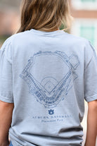 Auburn University Grey Distressed Tee with a Navy print of the Plainsman Park Baseball Field blueprint above text “Auburn Baseball”