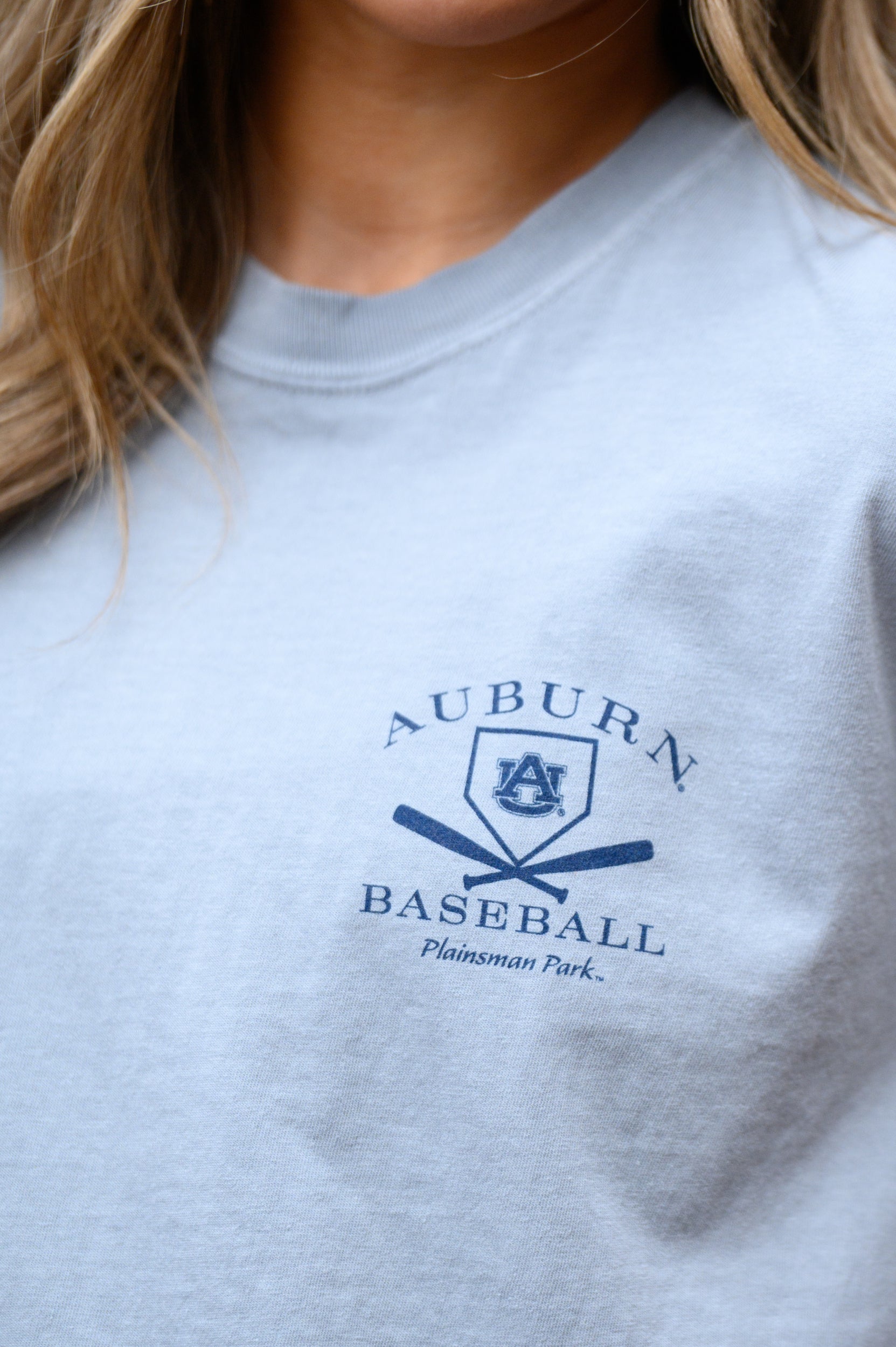 Auburn University Grey Distressed Tee Chest Design with a Navy print of home plate over two crossed baseball bats