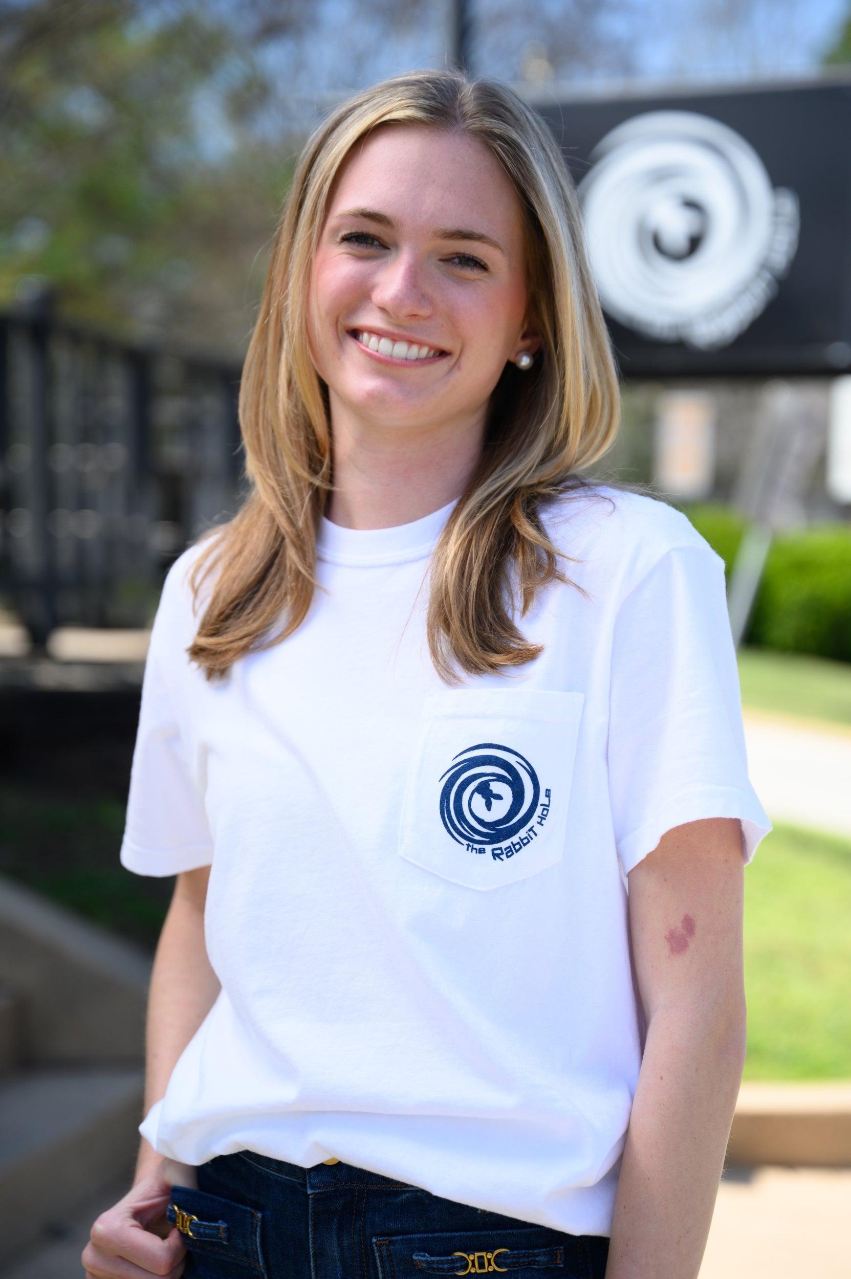 The Rabbit Hole White T-Shirt with The Rabbit Hole Logo front pocket Design