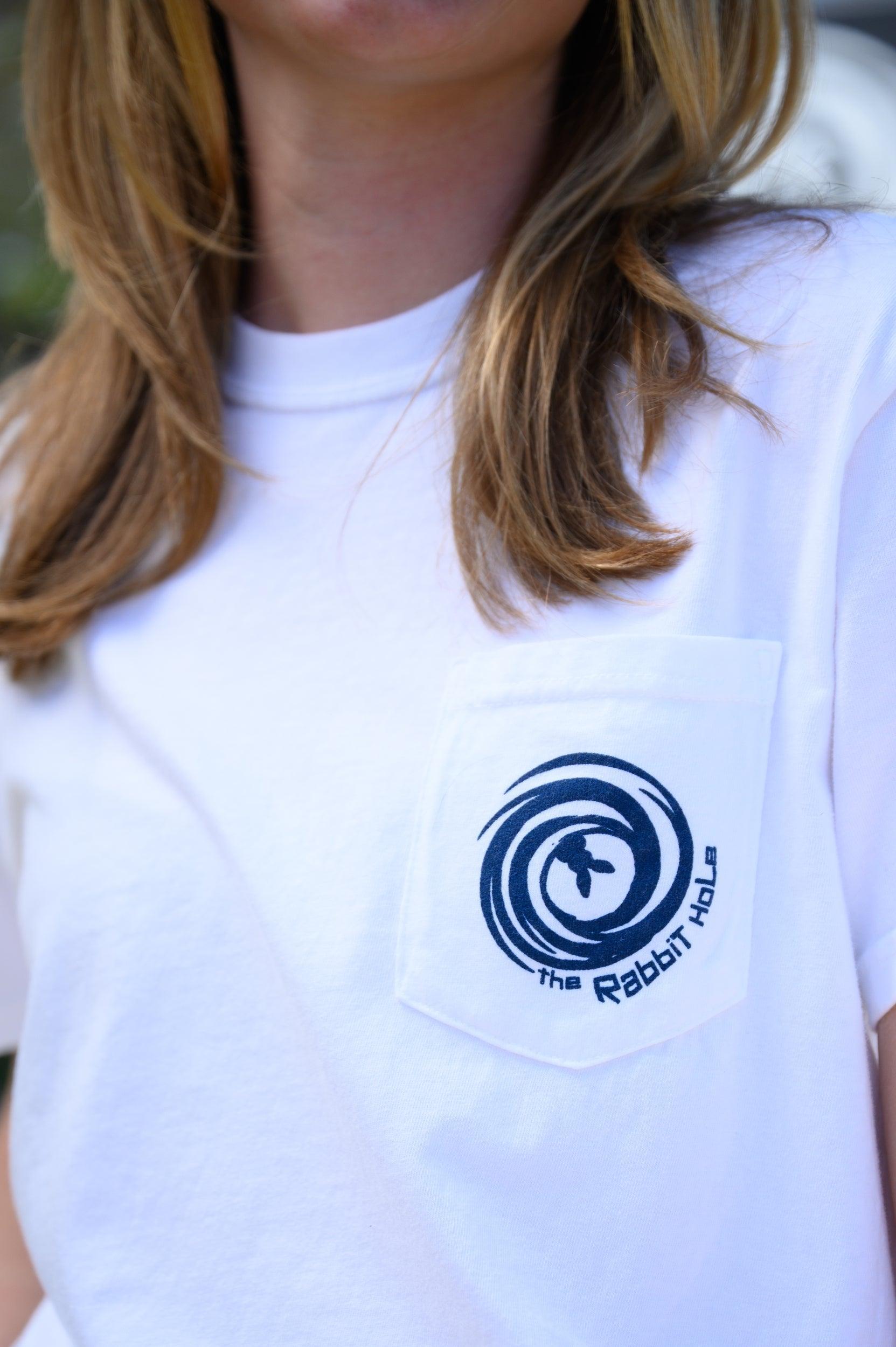 The Rabbit Hole White T-Shirt with The Rabbit Hole Logo front pocket Design