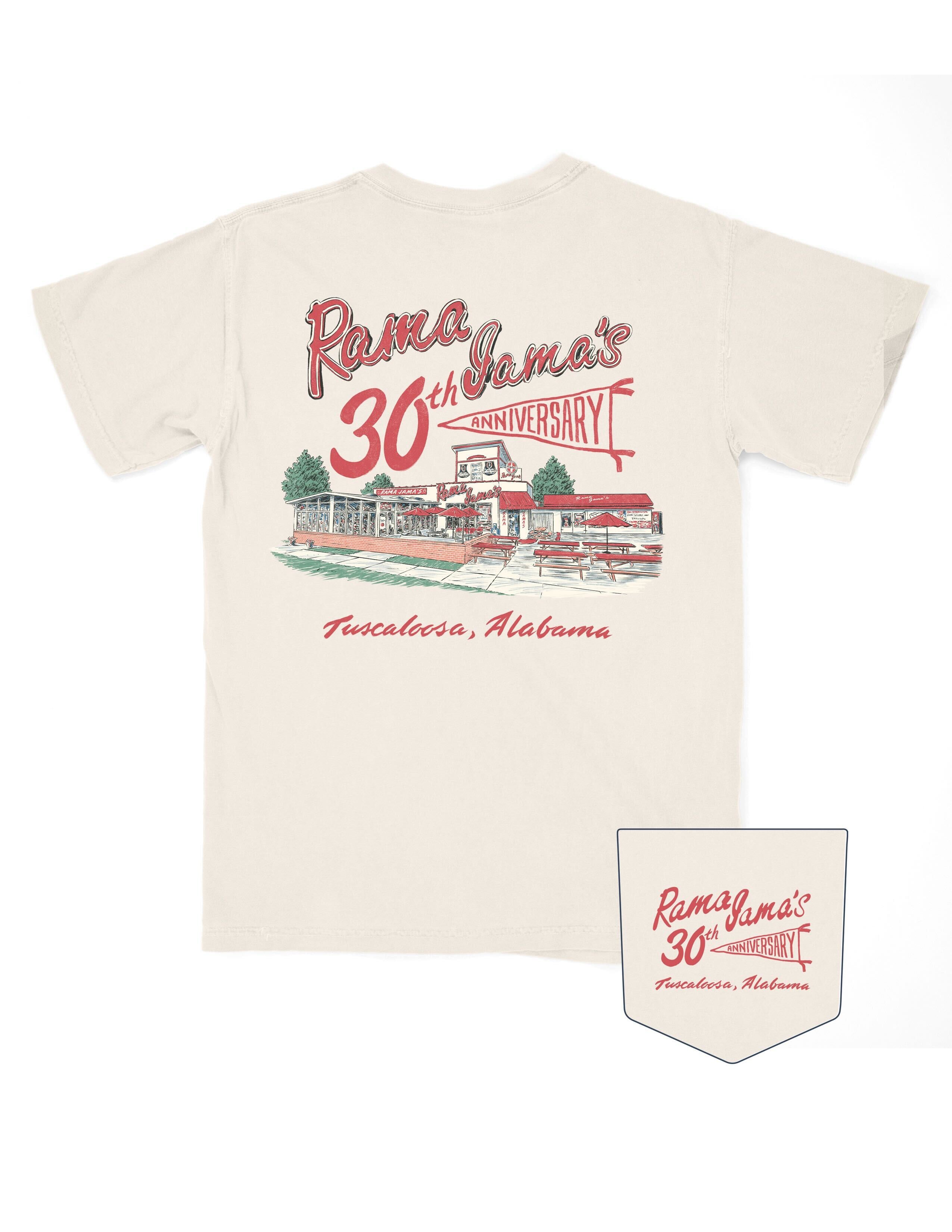 Rama Jama’s Ivory T-Shirt with the Rama Jama’s Building under Red text “Rama Jama’s 30th anniversary” with “anniversary” inside a pennant flag