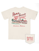 Rama Jama’s Ivory T-Shirt with the Rama Jama’s Building under Red text “Rama Jama’s 30th anniversary” with “anniversary” inside a pennant flag