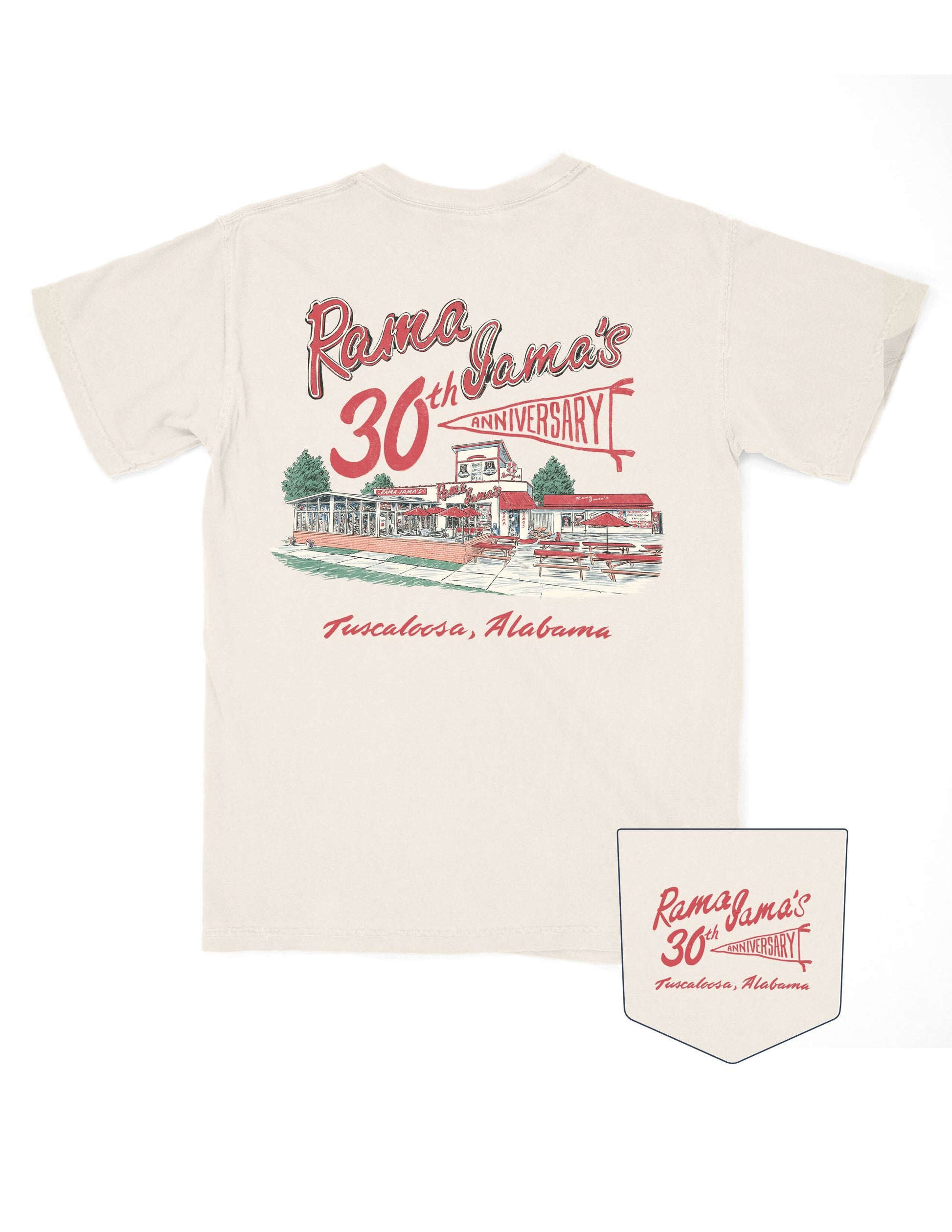 Rama Jama’s Ivory T-Shirt with the Rama Jama’s Building under Red text “Rama Jama’s 30th anniversary” with “anniversary” inside a pennant flag