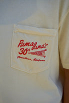 Front Pocket with Red text “Rama Jama’s 30th anniversary” with “anniversary” inside a pennant flag