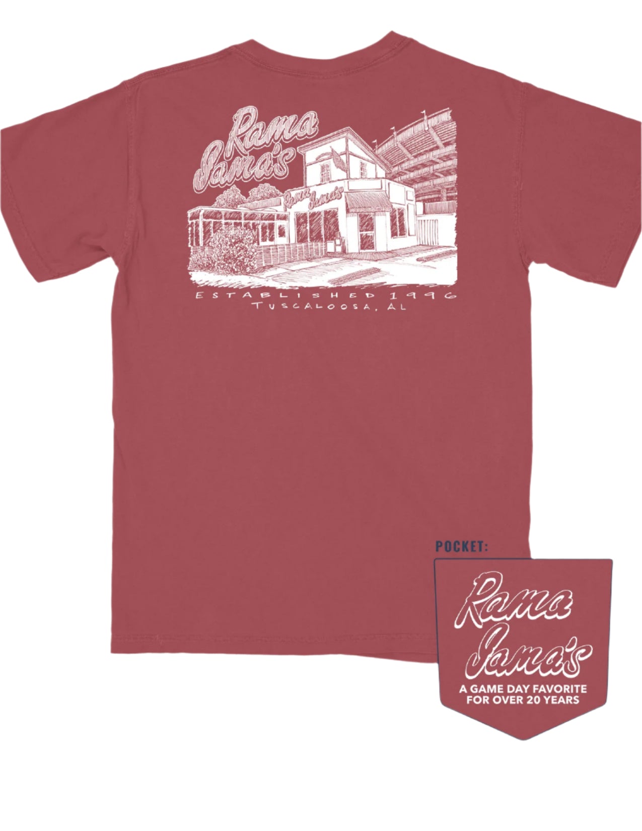 Rama Jama's Red Tee with a White illustration of the Rama Jama's Building 