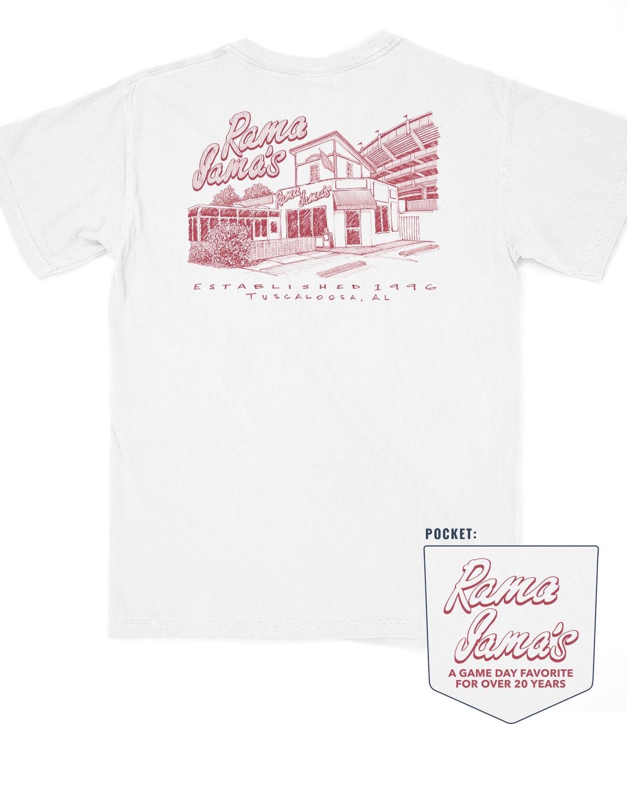 Rama Jama's White Tee with a Red illustration of the Rama Jama's Building