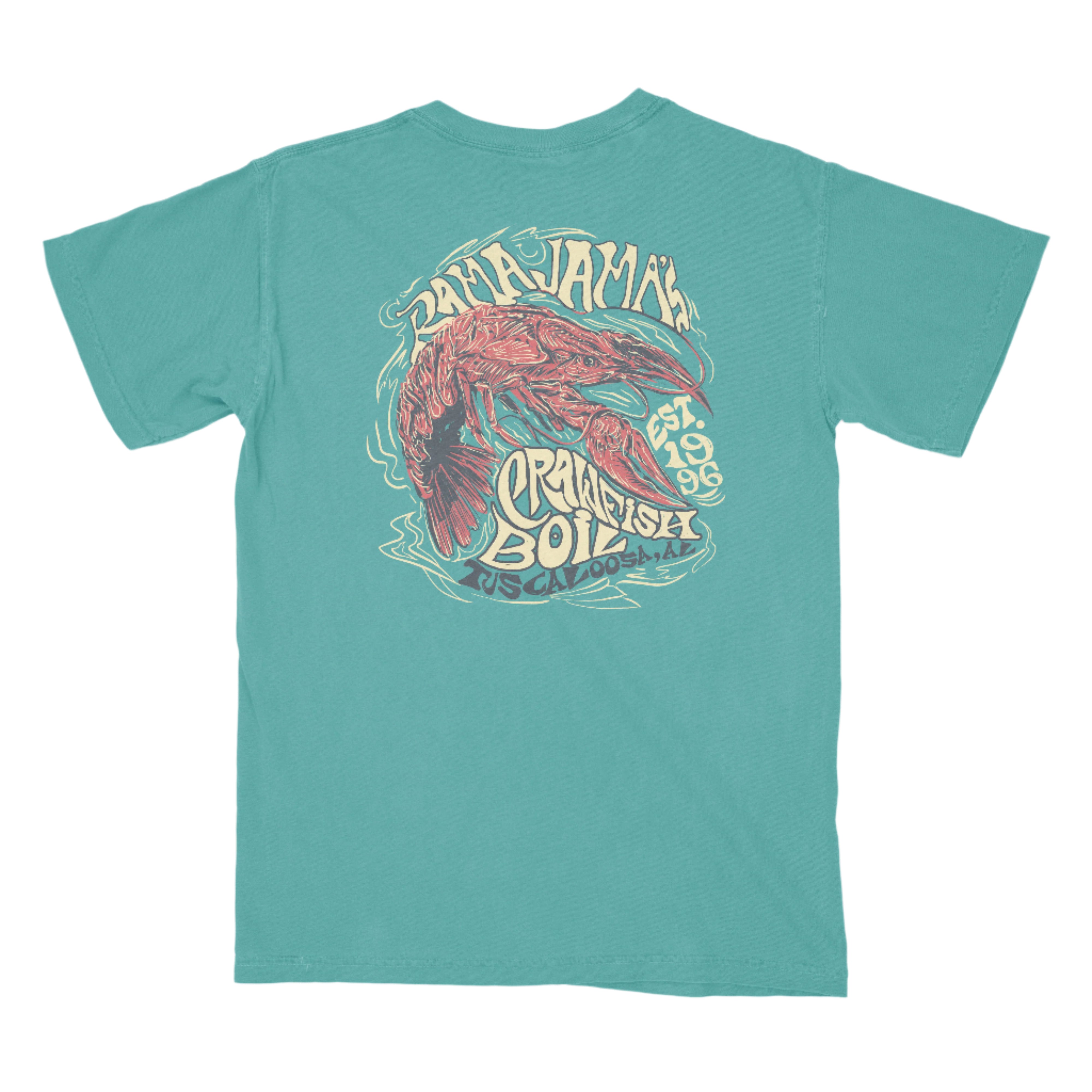 Rama Jama's Seafoam T-Shirt with an illustration of a Crawfish surrounded by Ivory text "Rama Jama's Crawfish Boil"