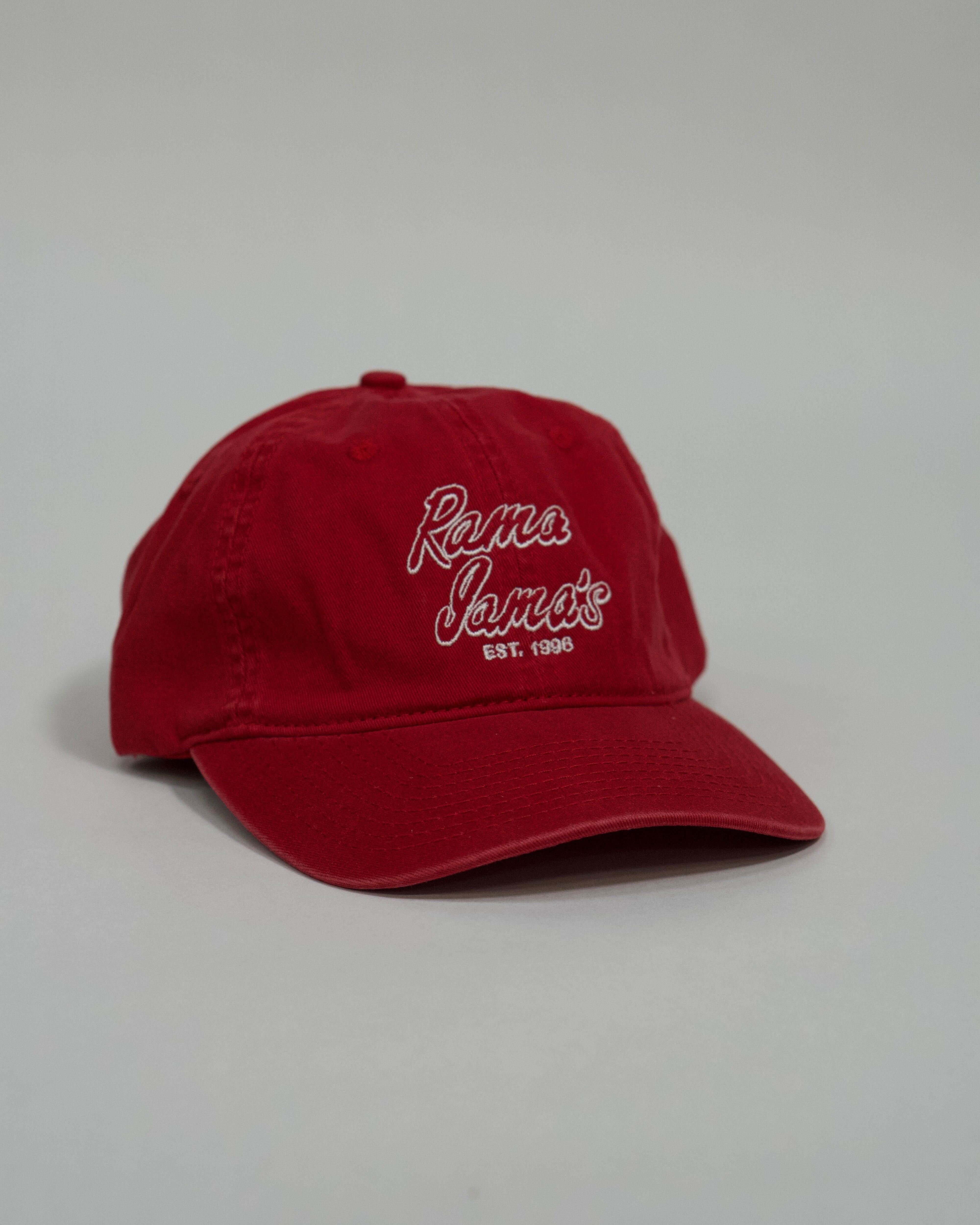 Rama Jama’s Red Dad Hat with White “Rama Jama’s” logo embroidery