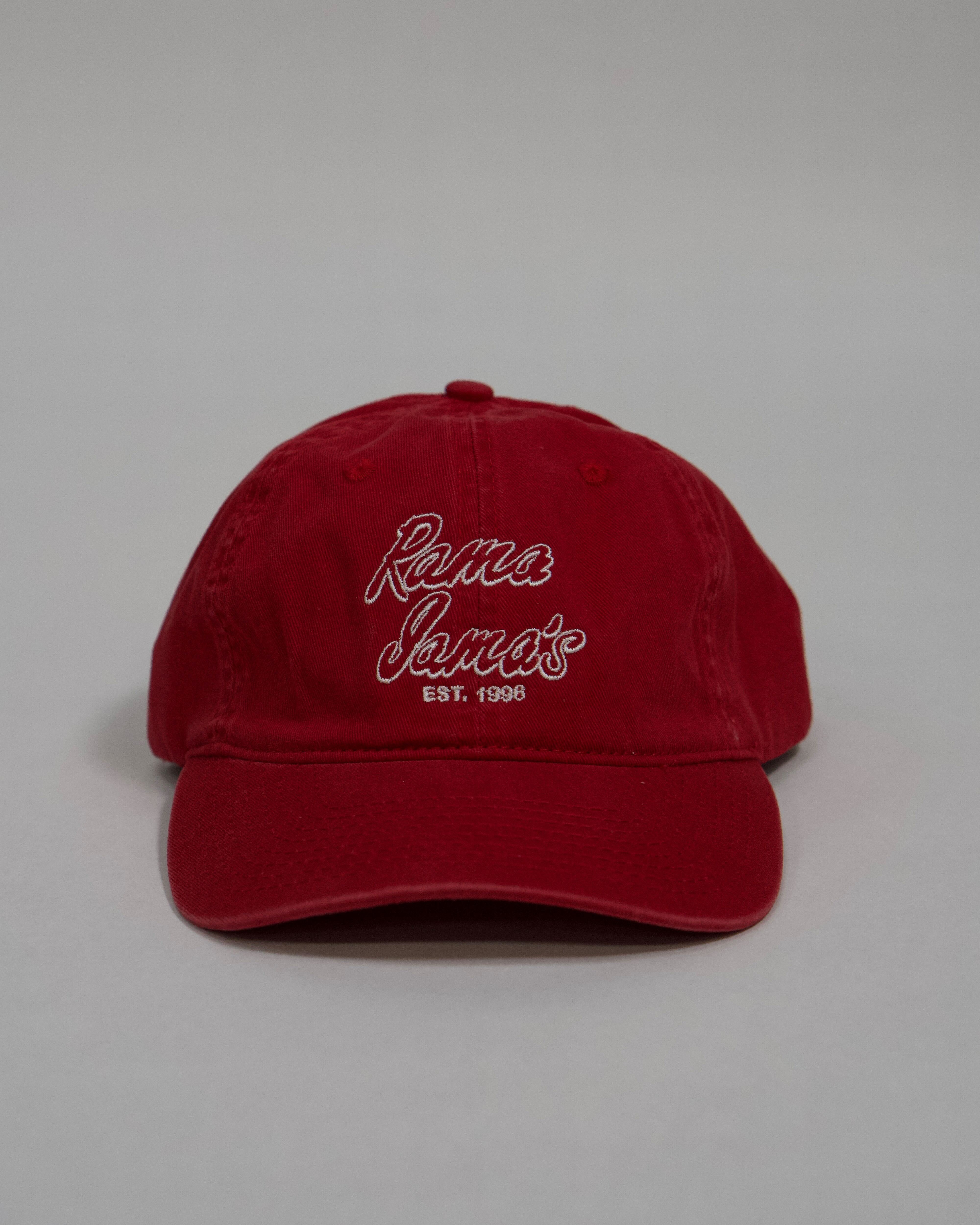 Rama Jama’s Red Dad Hat with White “Rama Jama’s” logo embroidery