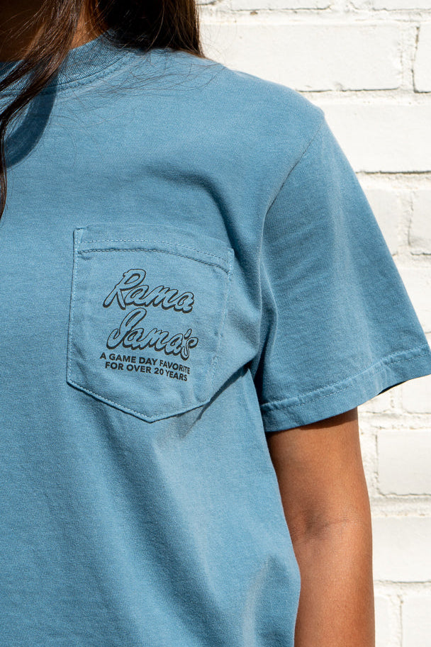 Blue t-shirt with a pocket design on a person.