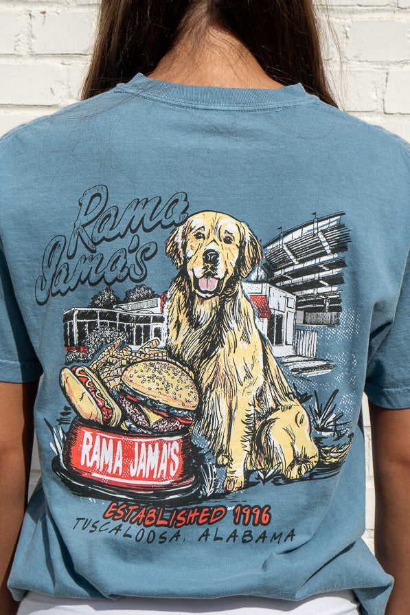 Person wearing a blue t-shirt with a graphic of a dog and Rama Jim's restaurant.