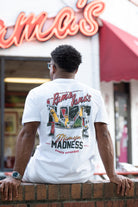 Rama Jama's White Mimosa Madness T-Shirt with an image of an ice bucket with three glass bottles inside and text "Mimosa Madness"