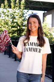 University of Alabama White Ladies Tee with Black Text “Rammer Jammer”