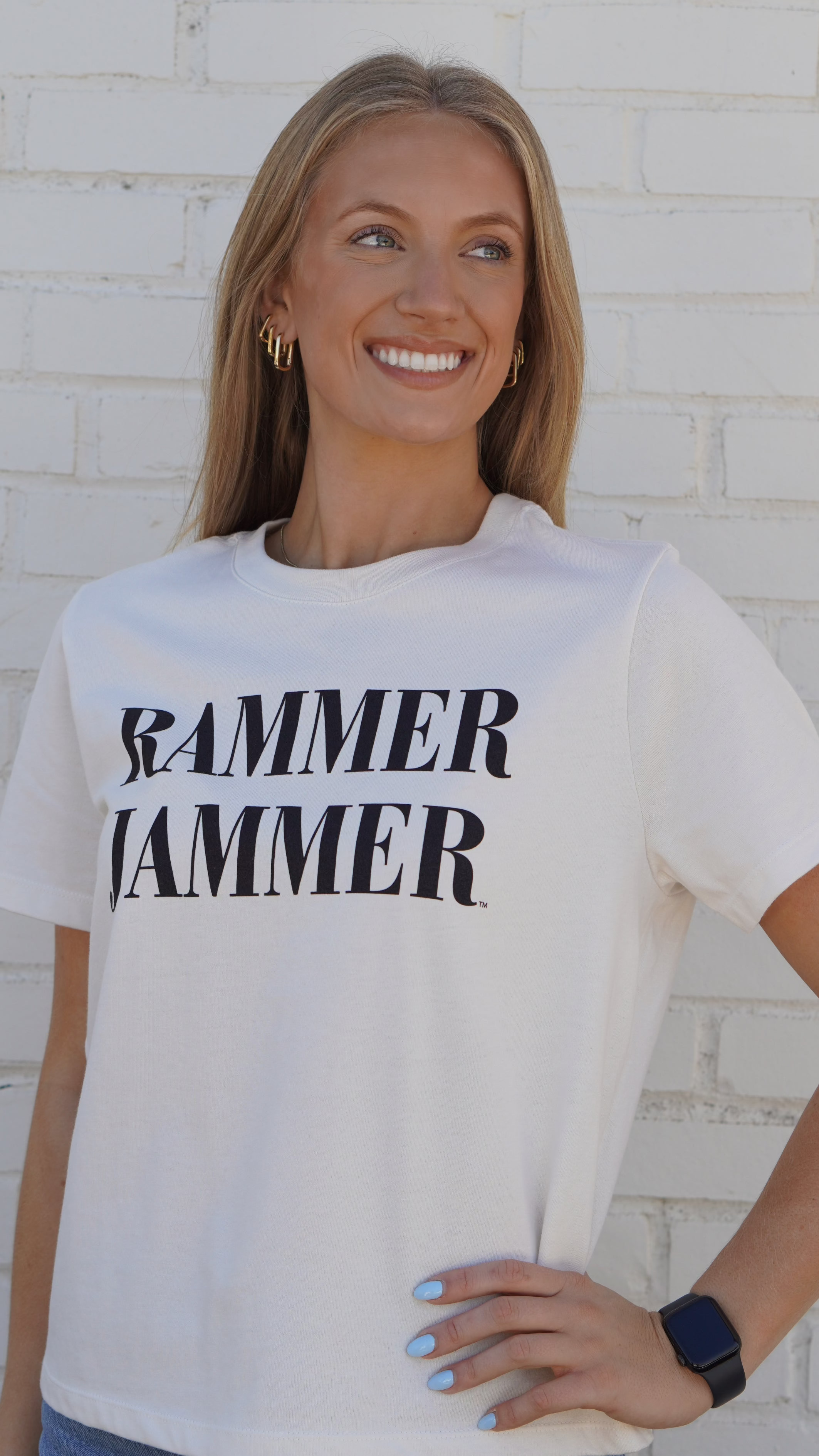 University of Alabama White Ladies Tee with Black Text “Rammer Jammer”