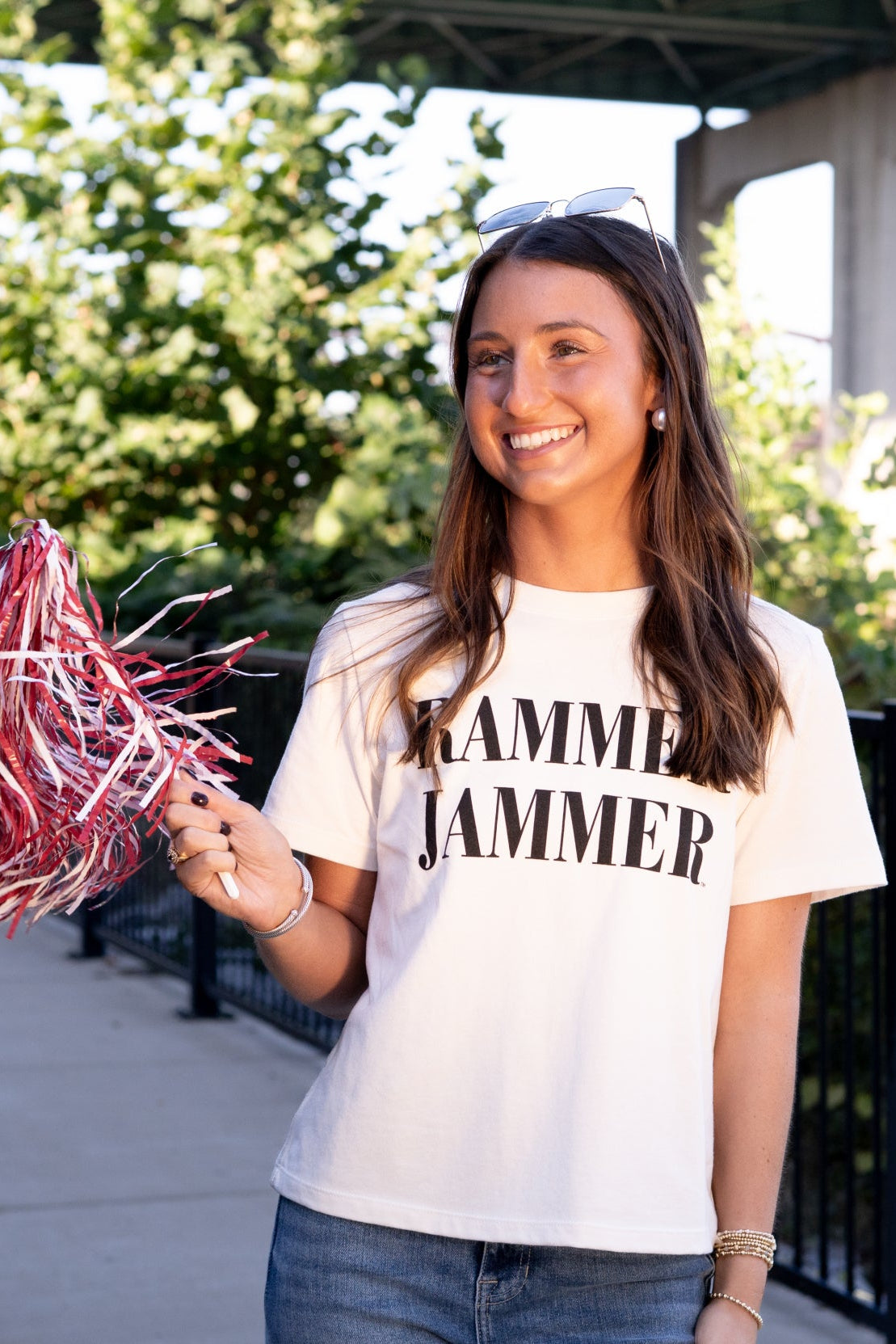 University of Alabama White Ladies Tee with Black Text “Rammer Jammer”