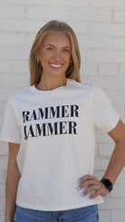 University of Alabama White Ladies Tee with Black Text “Rammer Jammer”