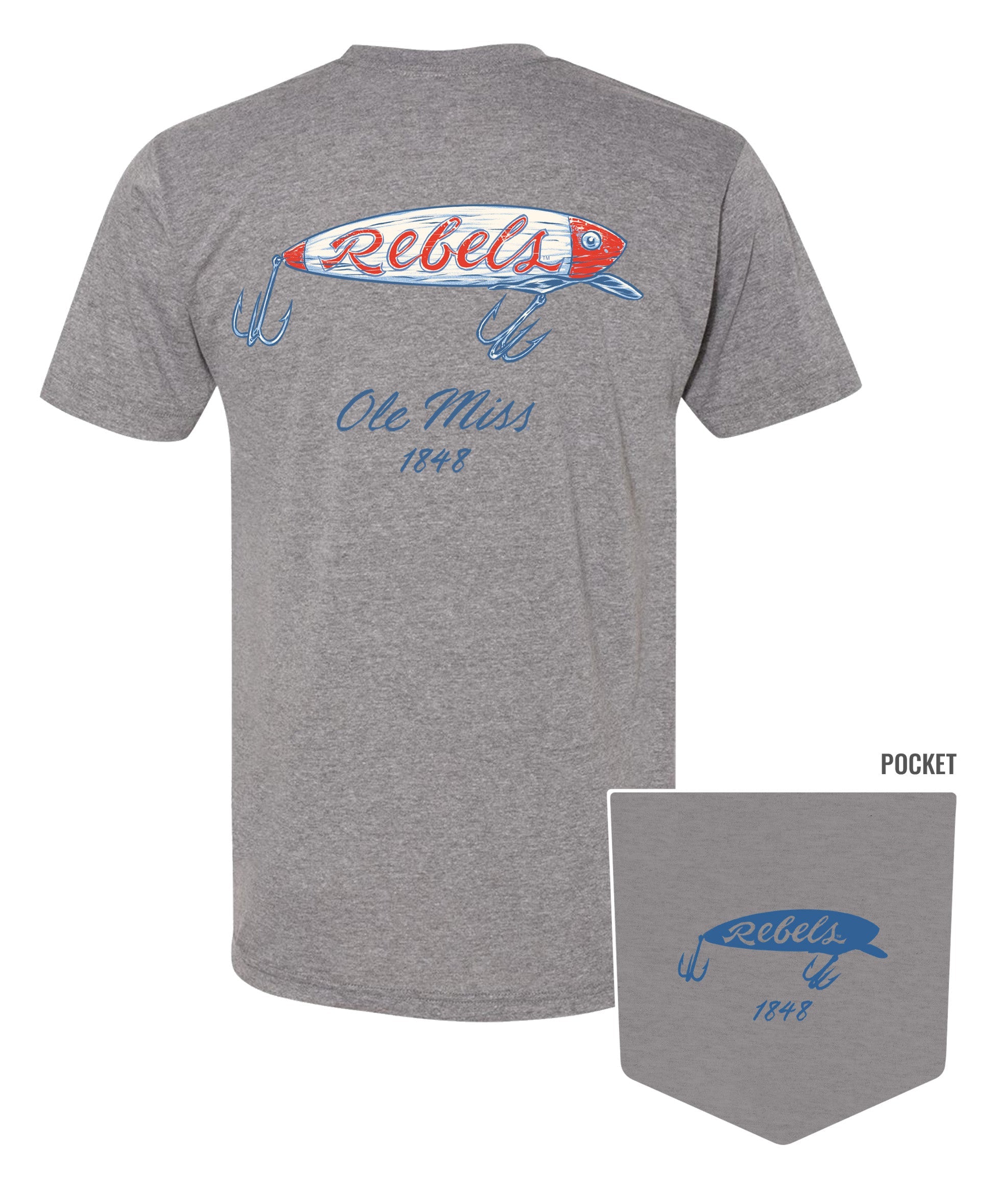 Ole Miss Grey T-Shirt with a fishing lure with Red script “Rebels”