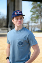 Ole Miss Blue T-Shirt with an "Ole Miss Basketball" front pocket design