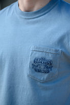 Ole Miss Blue T-Shirt with an "Ole Miss Basketball" front pocket design