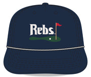 Ole Miss Navy Hat with a White Rope and White text “Rebs” above an image of a golf hole