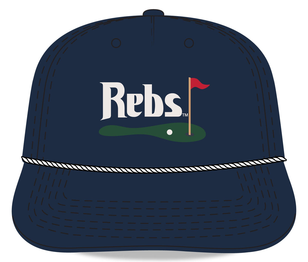 Ole Miss Navy Hat with a White Rope and White text “Rebs” above an image of a golf hole