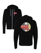 Druid City Brewing Company Black Zip-Up Hoodie with the Druid City Brewing Logo on the Front and an image of a Crescent Moon on top of the sign on the back