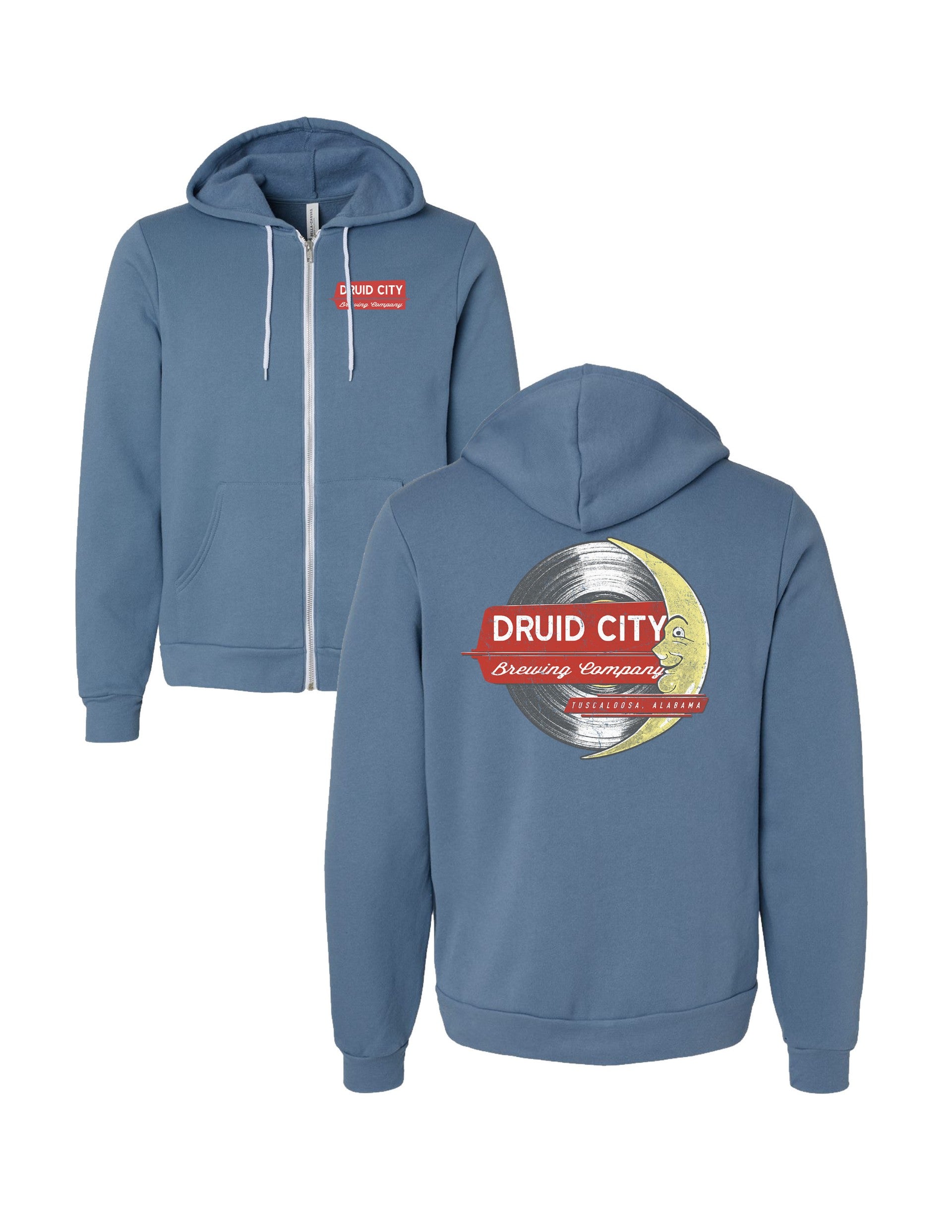 Druid City Brewing Company Blue Zip-Up Hoodie with the Druid City Brewing Logo on the Front and an image of a Crescent Moon on top of the sign on the back
