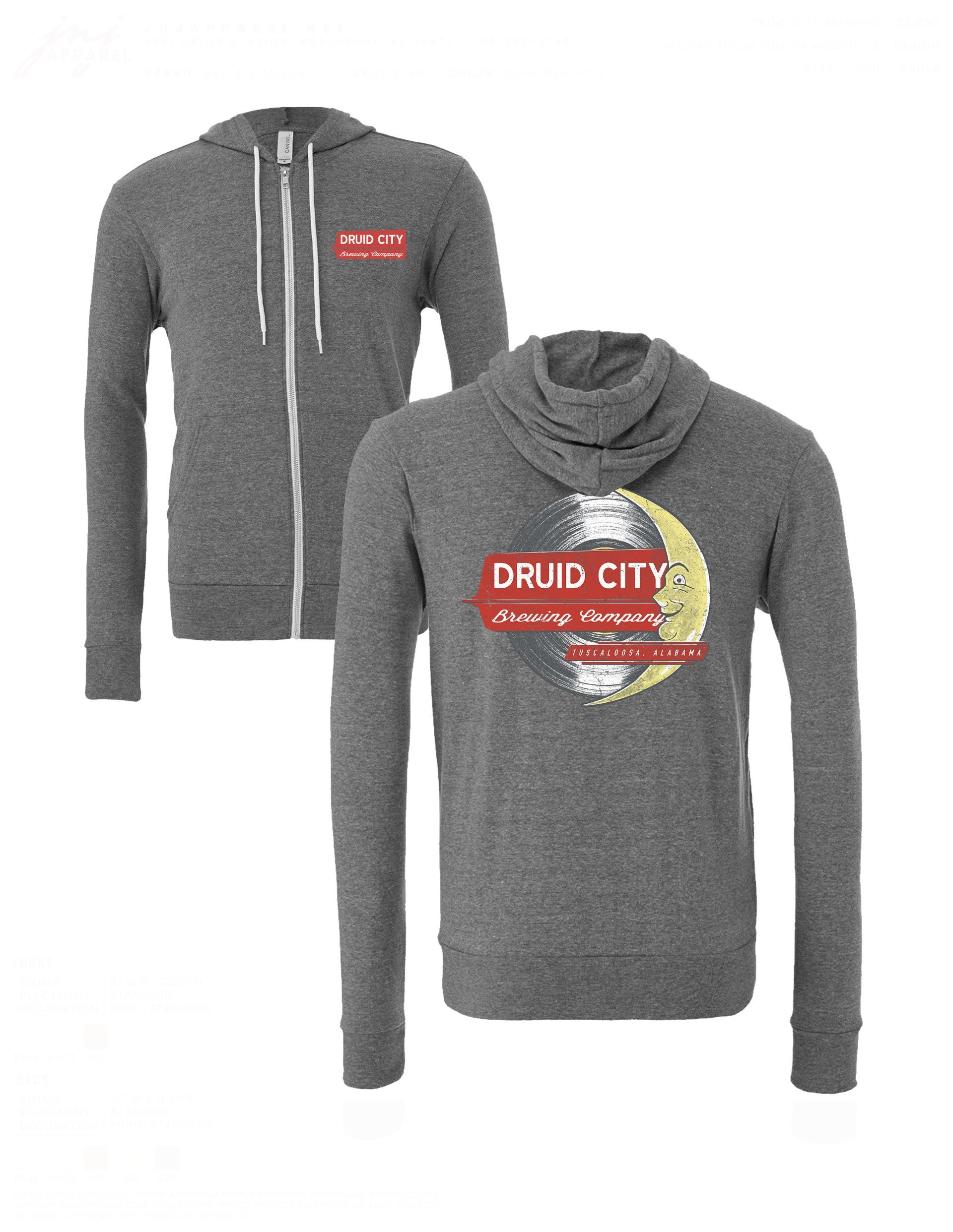 Druid City Brewing Company Grey Zip-Up Hoodie with the Druid City Brewing Logo on the Front and an image of a Crescent Moon on top of the sign on the back