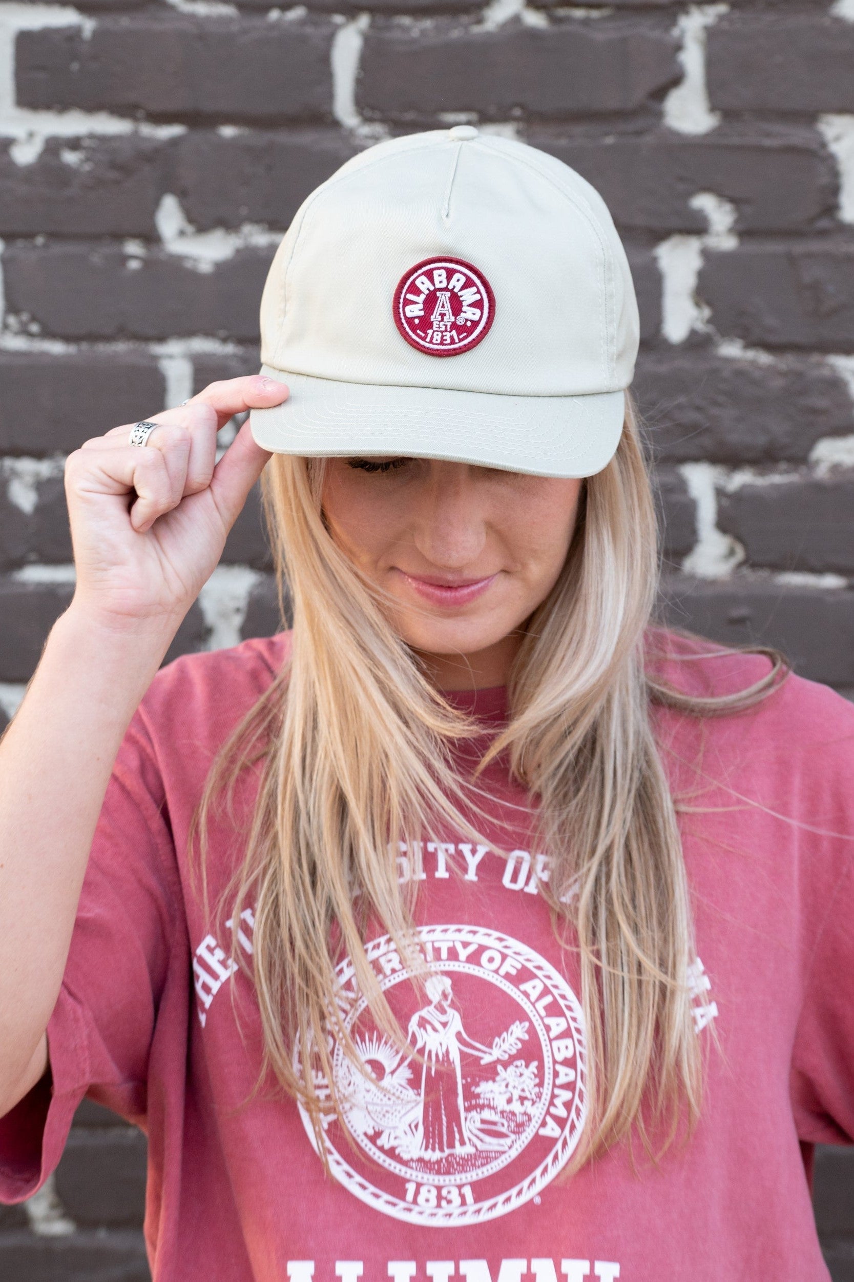 University of Alabama Khaki Fly Fit Hat with a Red patch featuring the Retro University of Alabama Logo