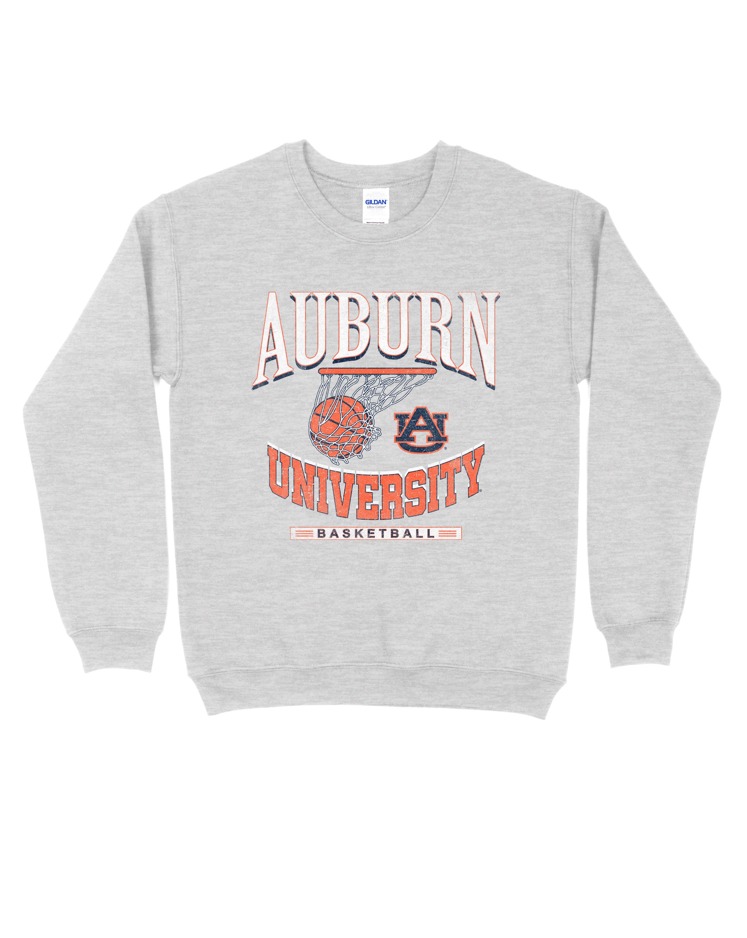 Auburn University Light Grey Heather Sweatshirt with a basketball landing in a hoop between text “Auburn” and “University Basketball” 