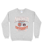 Auburn University Light Grey Heather Sweatshirt with a basketball landing in a hoop between text “Auburn” and “University Basketball” 