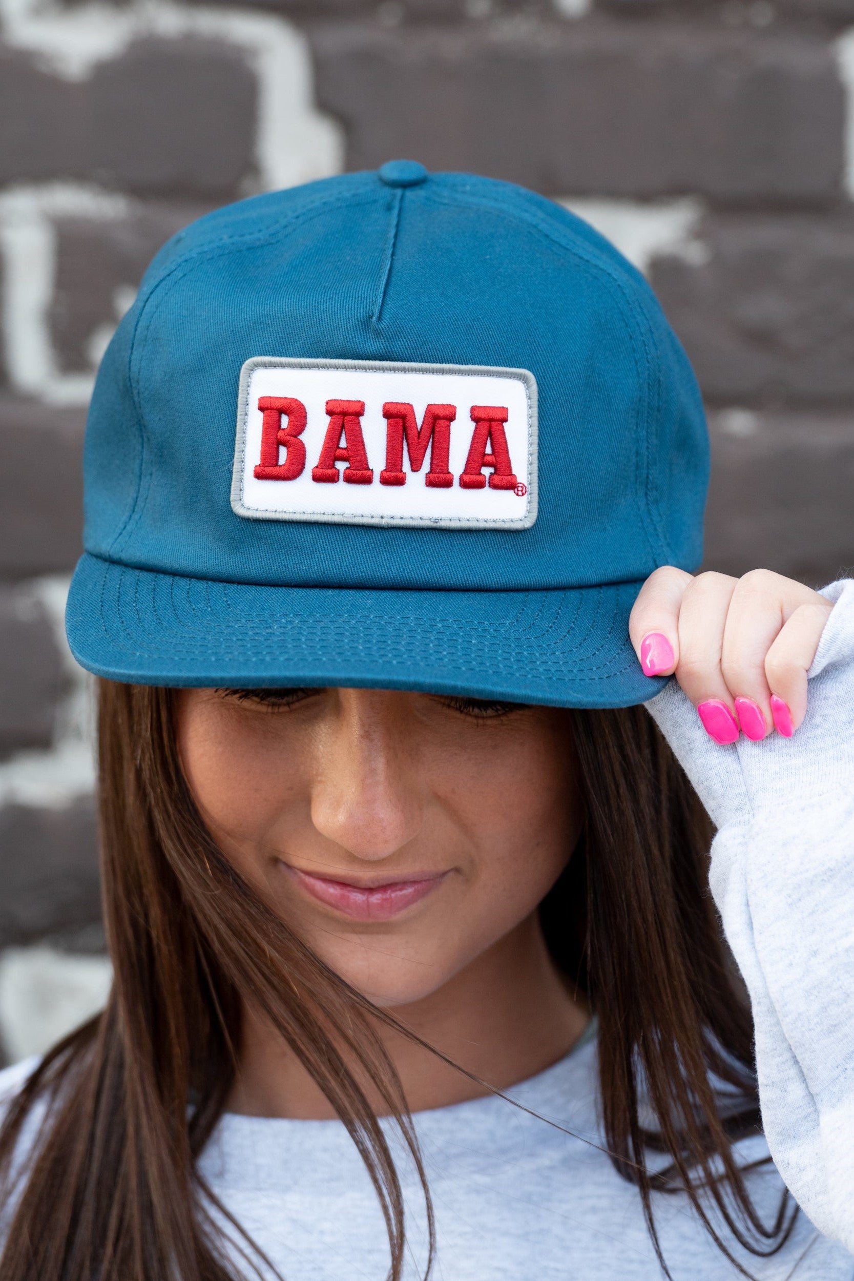 University of Alabama Teal Patch Hat with a White Patch featuring Red Retro text "BAMA"